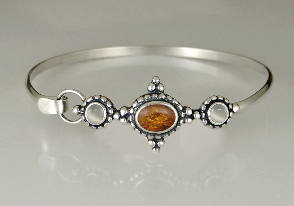 Sterling Silver Strap Latch Spring Hook Bangle Bracelet with Amber And White Moonstone